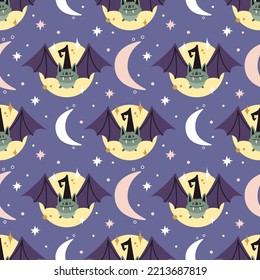 Ein tolles Halloween-Muster im süßen Doodle-Stil. Lächelnde Fledermaus in Hexenhut, Mond und Sterne Cartoon Vektorelemente auf violettem Hintergrund.