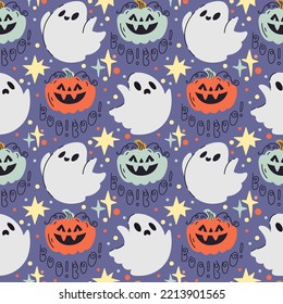 Spooky Halloween seamless pattern in cute doodle style with ghost, pumpkin, lettering boo and stars on purple background