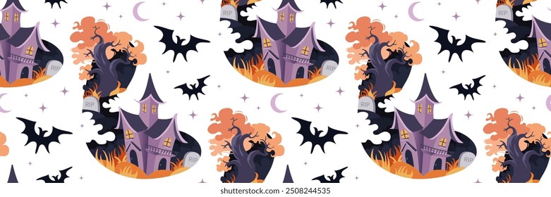 Spooky Halloween seamless pattern. Cute haunted house in cemetery. Halloween background with old wood, tombstones and bats. For printing, wrapping paper, wallpaper, fabric. Vector flat illustration.