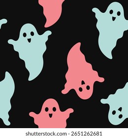 Dia das Bruxas assustador padrão sem costura com fantasmas coloridos bonitos. Ilustração de vetor de Halloween assustador