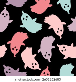 Dia das Bruxas assustador padrão sem costura com fantasmas coloridos bonitos. Ilustração de vetor de Halloween assustador