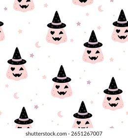 Padrão sem emenda de Halloween assustador com abóboras bonitas. Fundo de vetor de Halloween assustador.