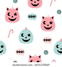 Padrão sem emenda de Halloween assustador com abóboras bonitas. Fundo de vetor de Halloween assustador.