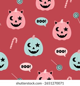 Padrão sem emenda de Halloween assustador com abóboras bonitas. Fundo de vetor de Halloween assustador.