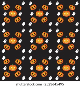 Um assustador padrão de Halloween sem costura com luminosidade jack-o-lanternas e pequenos fantasmas bonitos em um fundo preto. Ideal para decoração festiva, projetos digitais, convites para festas e artesanato de Halloween.