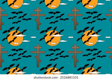 A spooky Halloween seamless pattern with flying bats, full moon, and crosses. Perfect for themed designs, decorations, and crafts.