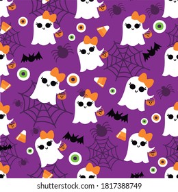 Spooky Halloween seamless pattern with ghosts and spiders. Halloween vector background.