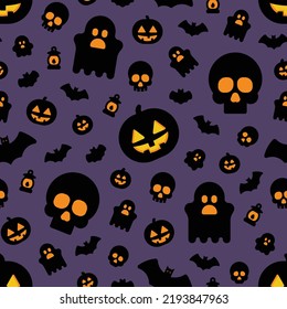 Spooky Halloween seamless pattern with jack-o-lantern on purple background