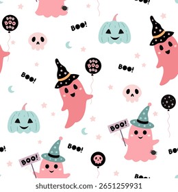 Dia das Bruxas assustador padrão sem costura com fantasmas cor-de-rosa, abóboras e crânios. Fundo de vetor de Halloween assustador.