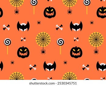 Spooky Halloween Seamless Pattern with pumpkin, bones bat, spider and spiderweb on orange background. Vector illustration with scary repeating black silhouettes in minimalist flat style