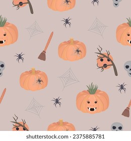 Spooky Halloween seamless pattern with pumpkins and spiders, vector background