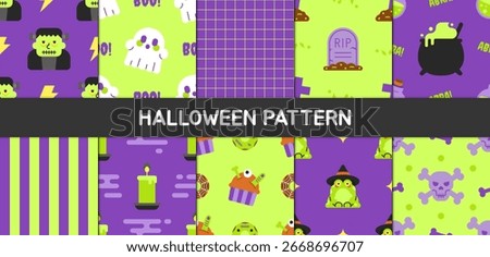 Spooky Halloween seamless pattern with purple and green backgrounds featuring Frankenstein, ghosts, potions and magic. Perfect for backgrounds, wallpaper, web page, surface and seasonal design.