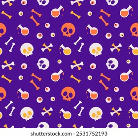 Espeluznante patrón de Halloween sin fisuras con cráneo, huesos, botella de veneno y ojos sobre fondo violeta. Ilustración vectorial con estampado repetitivo. en estilo minimalista plano