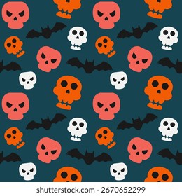 Spooky Halloween seamless pattern with skulls and bats