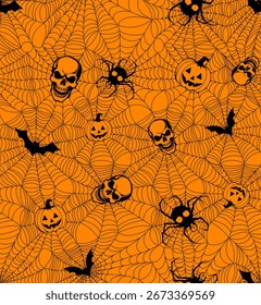 Spooky Halloween seamless pattern with spider webs, bats, skulls, and jack-o'-lanterns on an orange background. Perfect for textile and paper design.