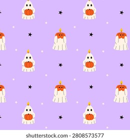 Spooky Halloween seamless pattern with trendy ghost and pumpkin burning candles and stars on purple background for textile and wallpaper