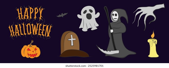 Um conjunto de Halloween assustador com uma abóbora, túmulo, fantasma, morte, vela, mão e morcego, com texto "Feliz Halloween"