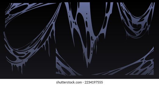 Spooky Halloween set of spiderweb in dark. Scary old dirty spider web hanging on wall and corner. Creepy Halloween decoration isolated on black background, vector cartoon illustration