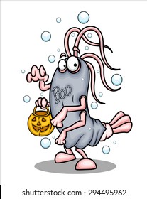 Spooky Halloween Shrimp Holding Jack-O-Lantern