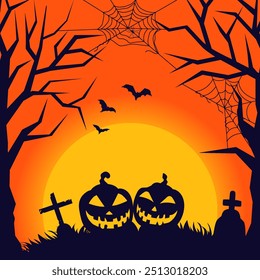 spooky halloween silhouette background with pumpkin, tree, cemetery and spider nest design isolated