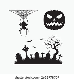 Spooky Halloween silhouette collection featuring a spider web and a Spider, a pumpkin jack-o'-lantern, bats, and a graveyard, Vector Illustration.