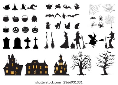 Spooky Halloween silhouette elements isolated on white background