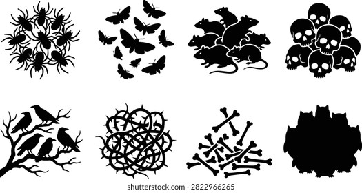Spooky Halloween Silhouette Icon Set with Spiders, Skulls, Rats, Bones, Crows and Thorny Vines Vector Illustration Collection