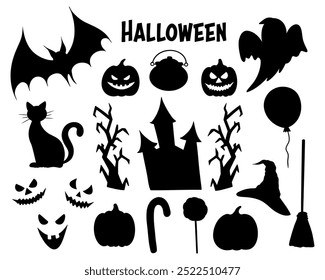 Conjunto de ilustraciones de silueta de Halloween espeluznante. Colección de dibujos gráficos monocromáticos. Bocetos de contorno dibujados a mano, ilustraciones de doodle grabadas. Para la invitación de la fiesta de Halloween, decoración, manualidades de bricolaje.