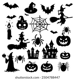 Spooky Halloween Silhouette Set with Pumpkins, Ghosts, and Bats for Festive Decor | Flat Vector Illustration