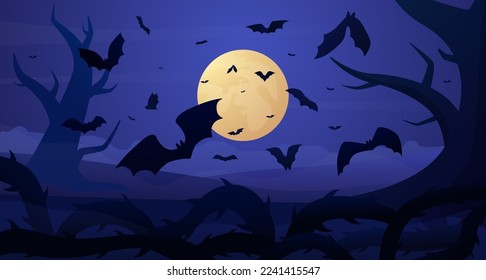 Spooky halloween silhouettes, forest landscape, dark night sky. Horror backdrop, october scary banner design, creepy dracula, cemetery horizontal banner. Vector cartoon recent background