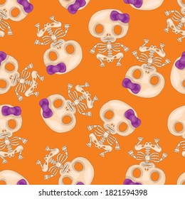 Spooky Halloween skeleton with bow seamless pattern template. Cute colorful cartoon vector illustration sketch for games, background, pattern, decor. Print for fabrics and other surfaces.