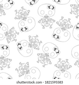 Spooky Halloween skeleton with bow seamless pattern template. Cute cartoon vector illustration sketch in black and white for games, background, pattern, decor, print. Coloring paper, page, story book