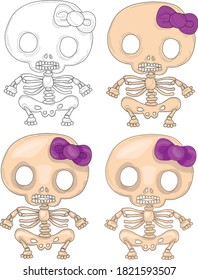 Spooky Halloween skeleton with bow template set. Cute cartoon vector illustration sketch in color and black and white for games, background, pattern, decor, print. Coloring paper, page, story book