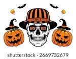 Spooky halloween skull with pumpkins bats and candy corn fun