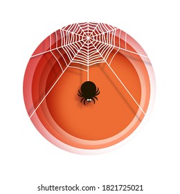 Spooky Halloween Spider. Happy Halloween. Mystical Night. Circle Frame. Space For Text. Paper Craft Art.