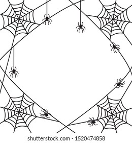 spooky halloween square frame or border with black spider web and hanging and crowling spiders. Vector illustration for halloween party invitation or scary greeting card, copy space