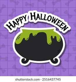 Spooky Halloween sticker features a bubbling cauldron with green potion and the words Happy Halloween on a purple checkered background. Perfect for Halloween decorations, party invitations, and cards.