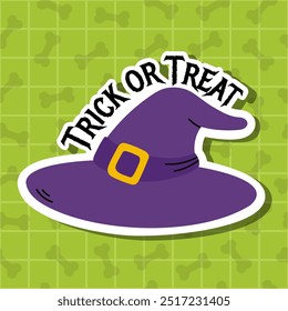 Spooky Halloween sticker with a witch's hat with the words Trick or Treat in bold lettering on a purple background. Perfect for spooky decorations, Trick or Treat party designs, and festive projects.