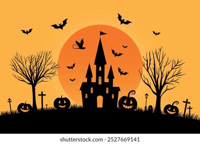 Gespenstischer Halloween Sonnenuntergang mit Haunted Castle. Gespensterte Halloween-Nacht mit gruseligen Burg, Fledermäusen, Vollmond und unheimlichen Kürbissen.