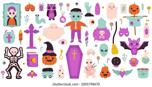Spooky halloween symbols. Happy Halloween ghost, pumpkin, potion and candies for halloween party isolated vector set. Cute halloween objects. Scary and witchcraft, horror voodoo doll and zombie