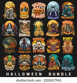 Spooky Halloween T shirt Designs Bundle. Set of Halloween Illustrations Artwork. Scary Halloween Monster and Ghost