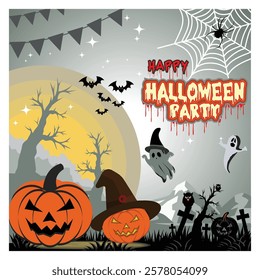 A spooky Halloween theme featuring pumpkins, ghosts, bats, spiderweb, and cemetery setting, evoking festive vibes and spooky atmosphere, perfect for seasonal celebrations or design projects. 