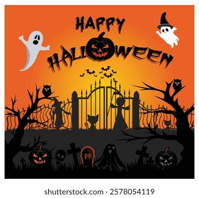 Spooky Halloween theme with ghosts, pumpkins, bats, and a haunted graveyard setting, evoking a festive yet eerie ambiance.  Flat vector modern illustration