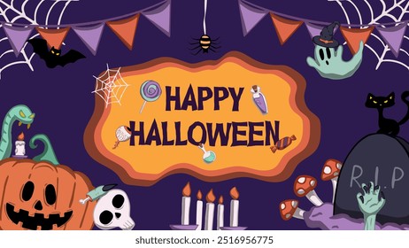 A spooky Halloween themed background featuring playful illustrations of pumpkins, ghosts, spider webs, and creepy decorations. Ideal for party invitations, banners, or festive digital designs.