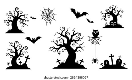 A spooky Halloween themed illustration featuring haunted trees, bats, an owl, a spider web, and gravestones creating a creepy atmosphere.