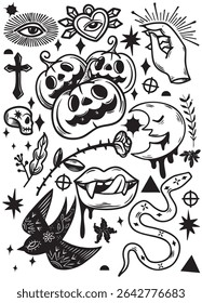 A spooky halloween themed illustrations featuring pumpkins, skulls, and mystical symbols evoke