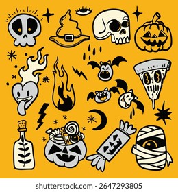 Ilustrações temáticas de halloween assustadoras com crânios, morcegos, abóboras e doces