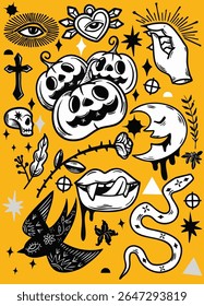 A spooky halloween themed illustrations featuring pumpkins, skulls, and mystical symbols create