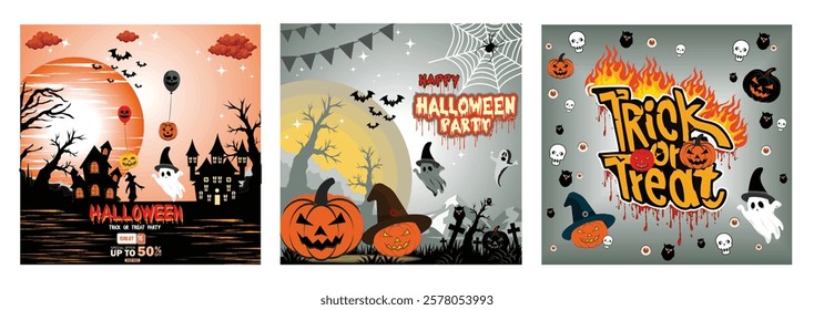 Spooky Halloween themed poster with haunted house, ghosts, pumpkins and flying bats on a full moon background. Evoking a festive atmosphere and spooky atmosphere. Get into the festive Halloween spirit