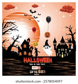 Spooky Halloween themed poster with haunted house, ghosts, pumpkins and flying bats on a full moon background, perfect for celebrating spooky night parties and promotional purposes. 